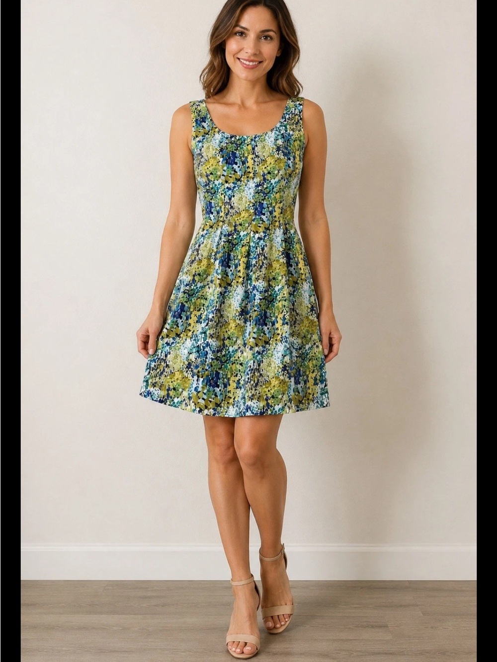 Green and Blue Floral Scoop Neck Mini Dress
